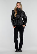Zwarte Lederlook Peplum Jas met Ceintuur en Hoge Kraag