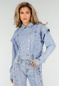 Lichtblauw Denim Jasje met Veterdetails en Ruffle Schouders
