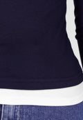 Donkerblauwe Longsleeve Top met Witte Boorden aan Hals en Mouwen