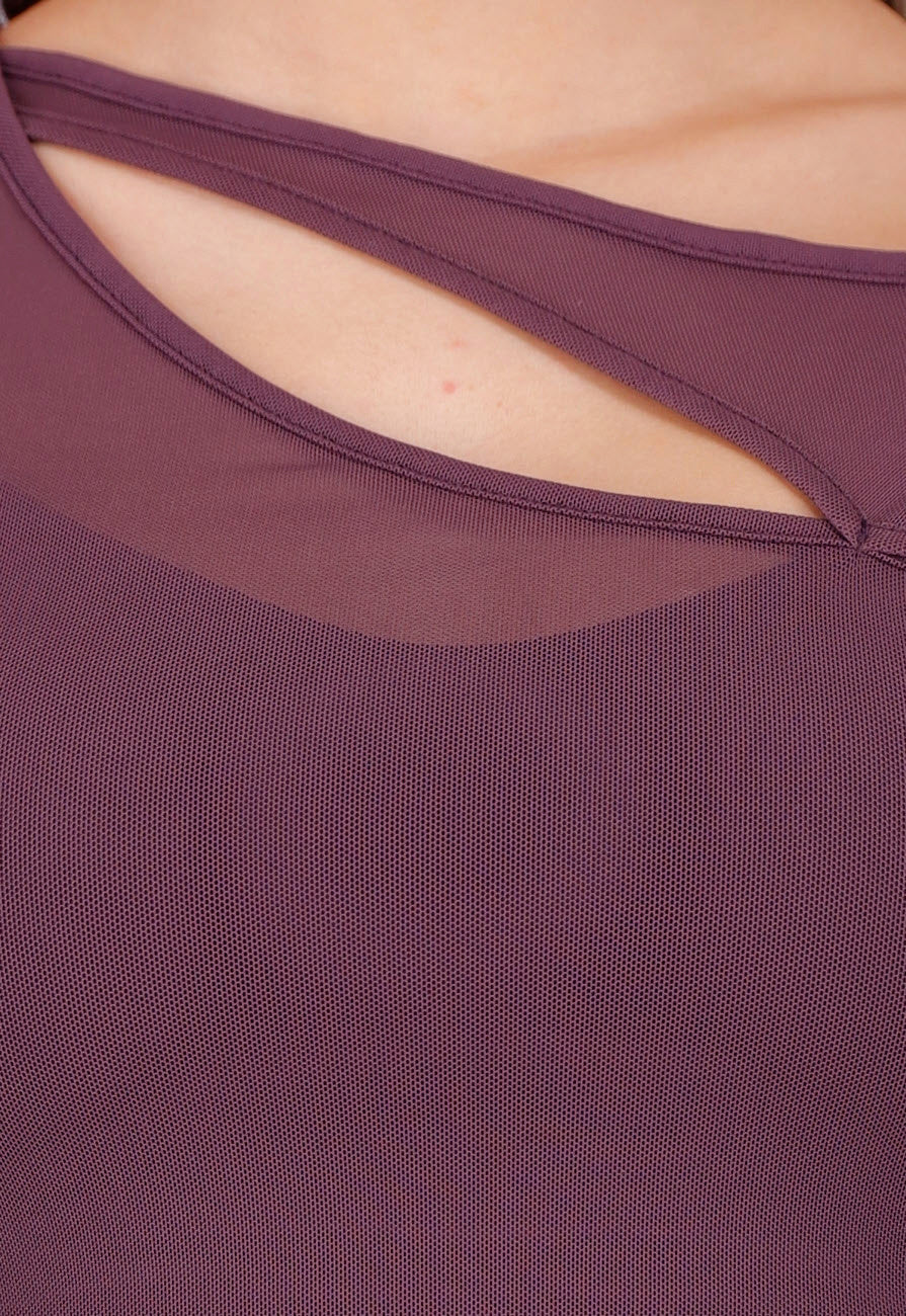 Paarse Mesh Crop Top met Korte Mouwen en Cut Out