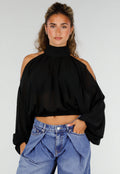 Zwarte Cold Shoulder Crop Top met Col en Lange Ballonmouwen