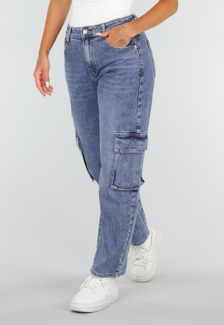 Blauwe Denim Barrel Cargo Jeans met Zijzakken