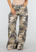 Beige Camouflage Wide Leg Broek met Lage Taille