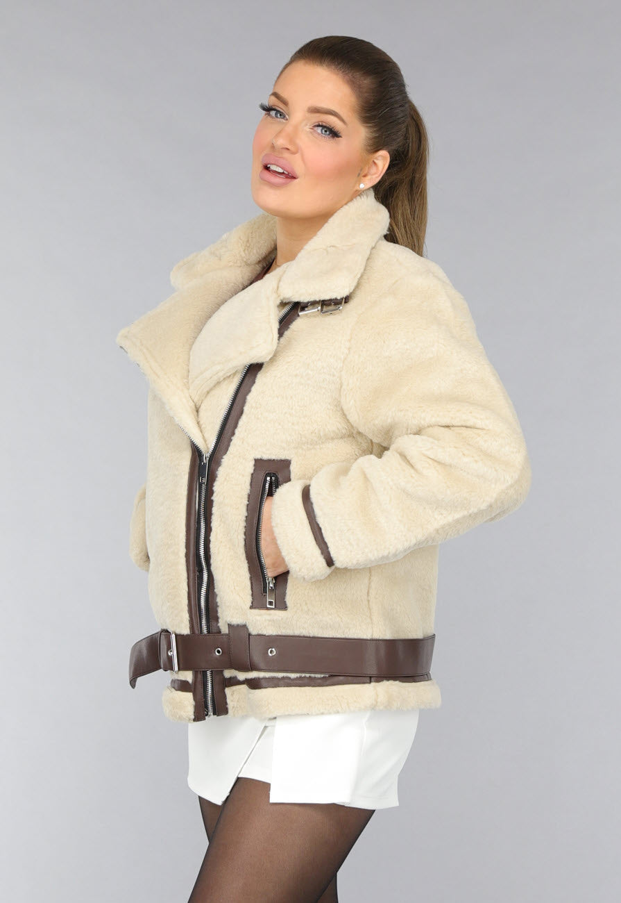 Beige Zachte Tussenjas met Bruine Details