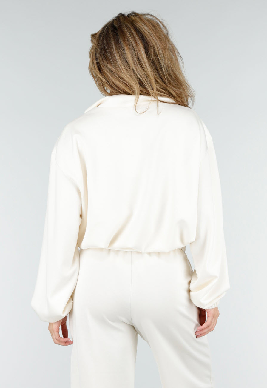 Crème Sweater met Halve Rits en Elastische Boorden