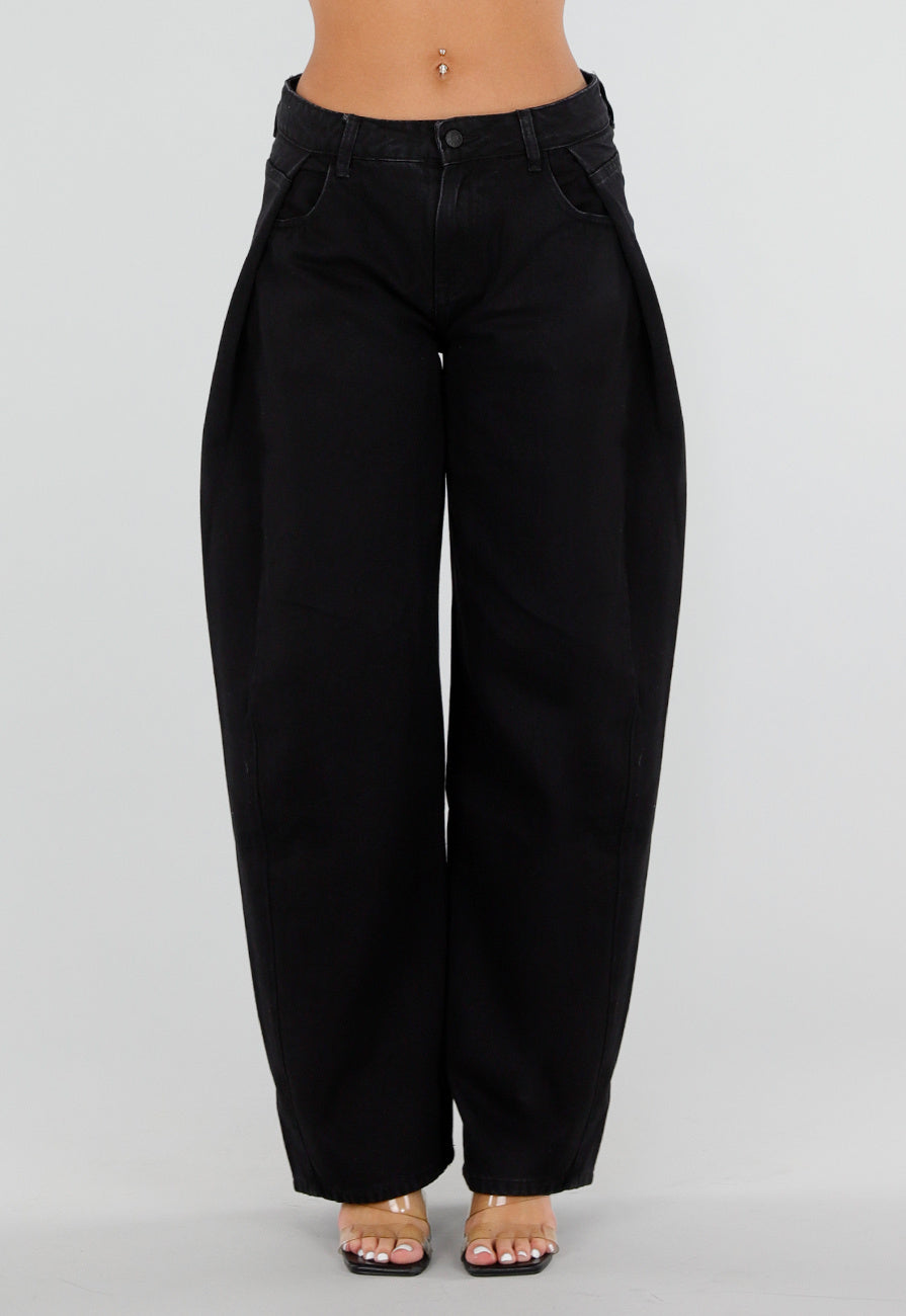 Zwarte Barrel Jeans met Hoge Taille en Plooien