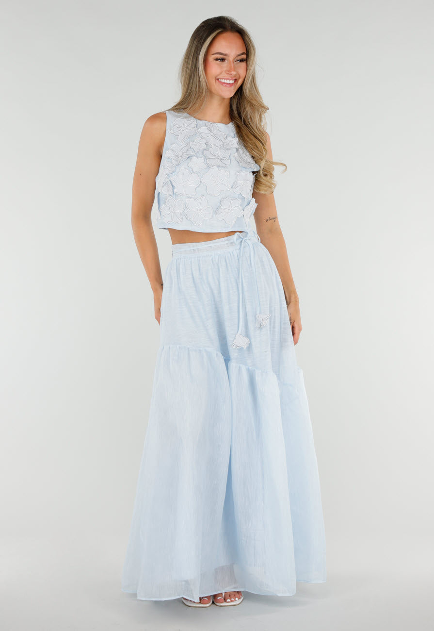 Lichtblauwe Maxi Rok met Strikceintuur en Volant
