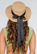 Bruine Raffia Strandhoed met Zwarte Strik