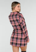 Roze Geruite Blouse Jurk met Strikmouwen