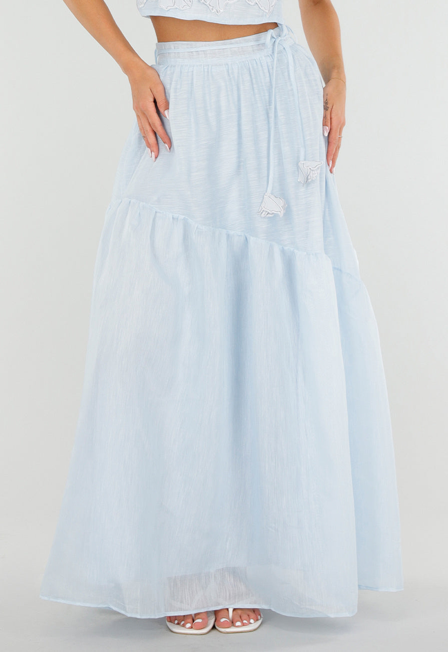 Lichtblauwe Maxi Rok met Strikceintuur en Volant