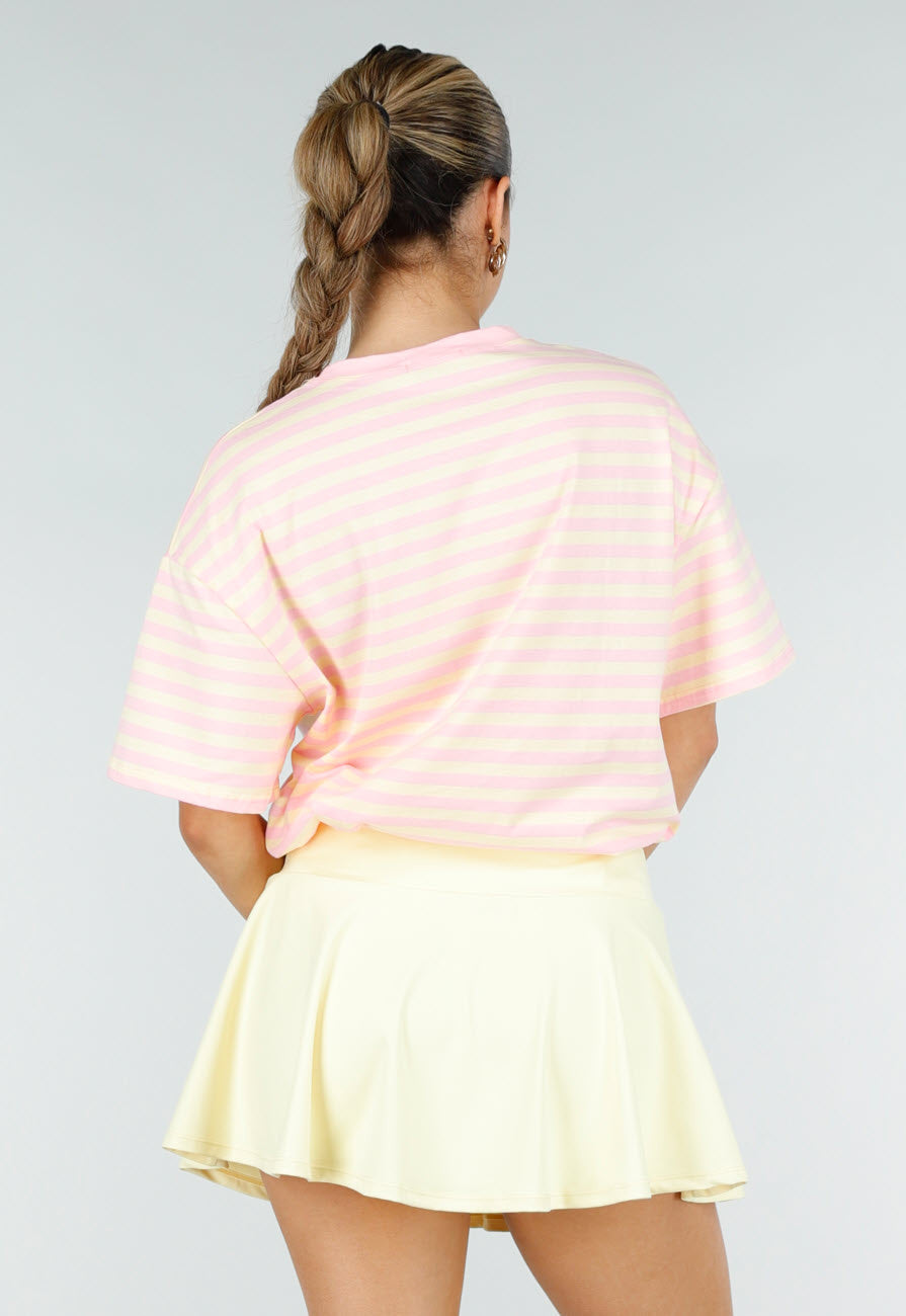 Roze en Geel Gestreept Oversized T-shirt met Korte Mouwen