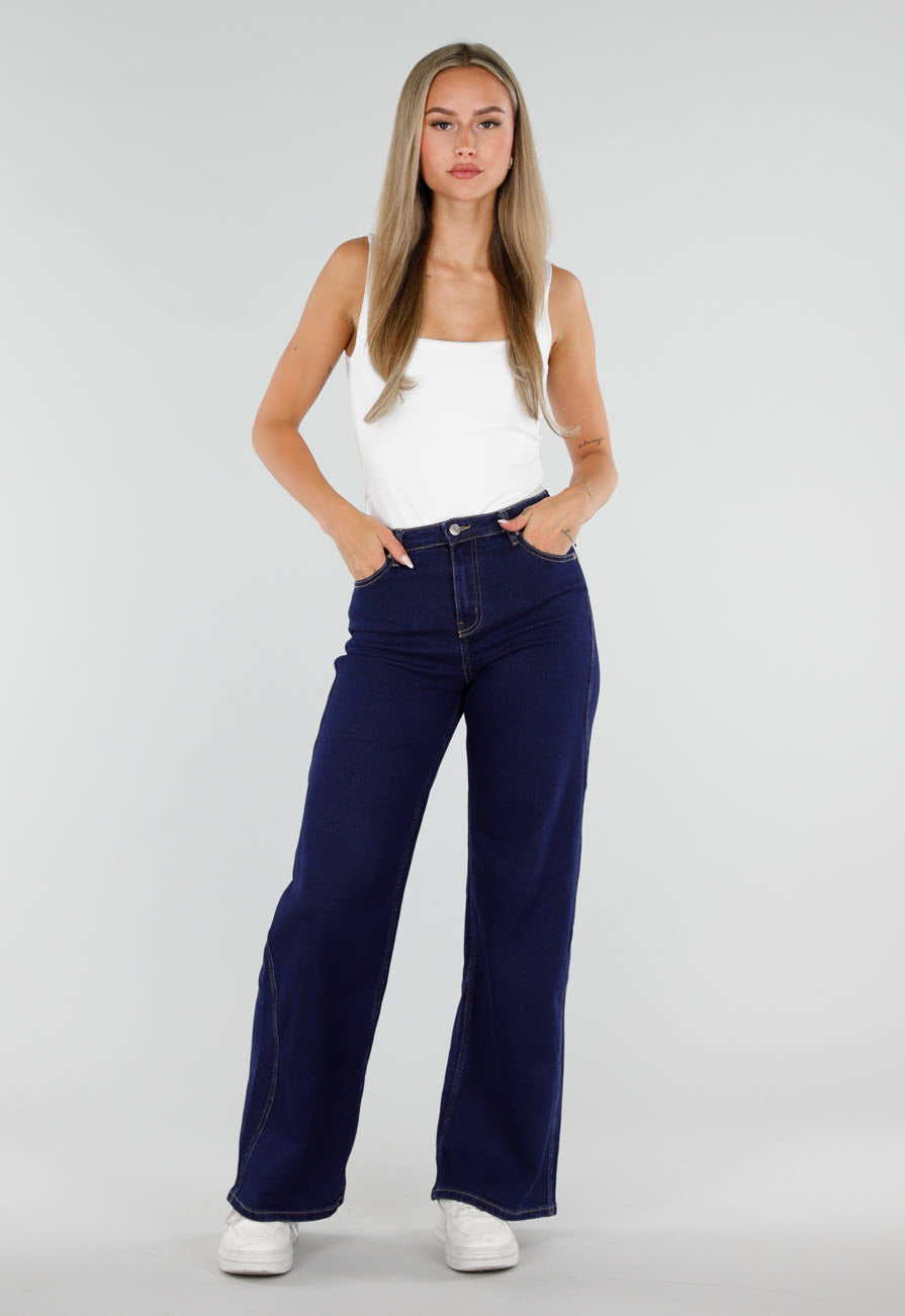 Donkerblauwe Wide Leg Jeans met Hoge Taille en Stretch