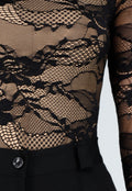 Zwarte Kant Bodysuit met Stretch en Beige Onderlaag