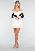 Zwart Beige Off Shoulder Jurk met Strikdetail