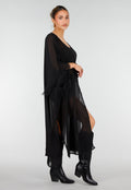 Zwarte Kimono met Halflange Mouwen en Franjes
