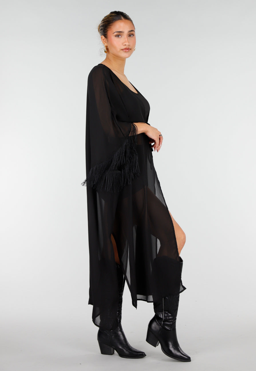 Zwarte Kimono met Halflange Mouwen en Franjes