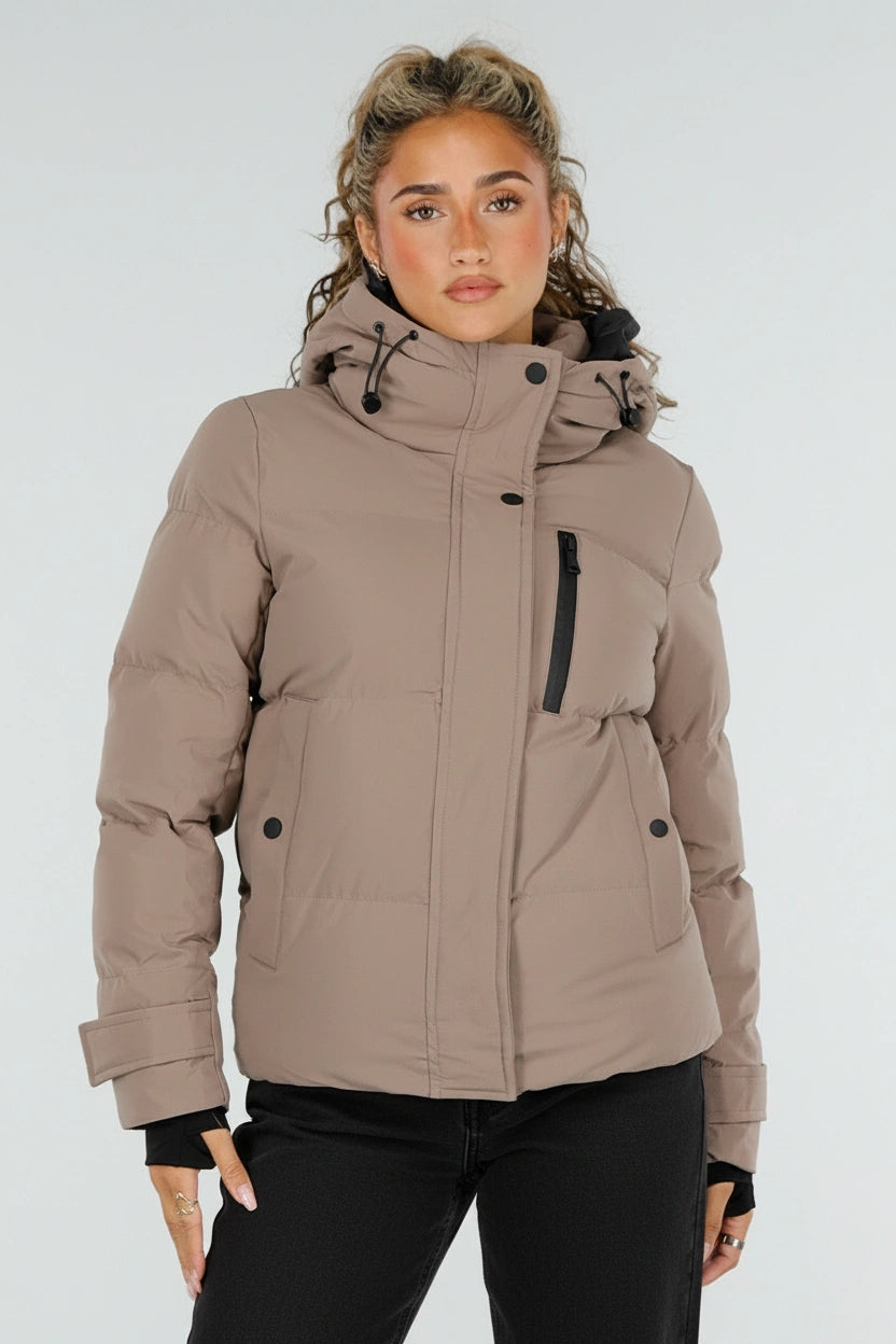 Beige Korte Gewatteerde Winterjas met Capuchon en Zakken