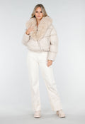 Beige Pufferjas met Bontkraag en Drukknopen