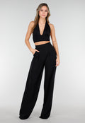 High Waist Zwarte Linnen Look Tall Broek met Tailleband