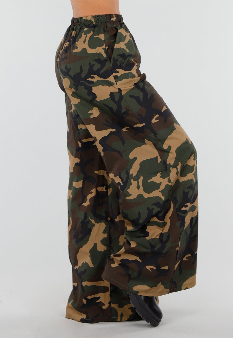 Wide Leg Broek met Camouflageprint en Elastische Taille