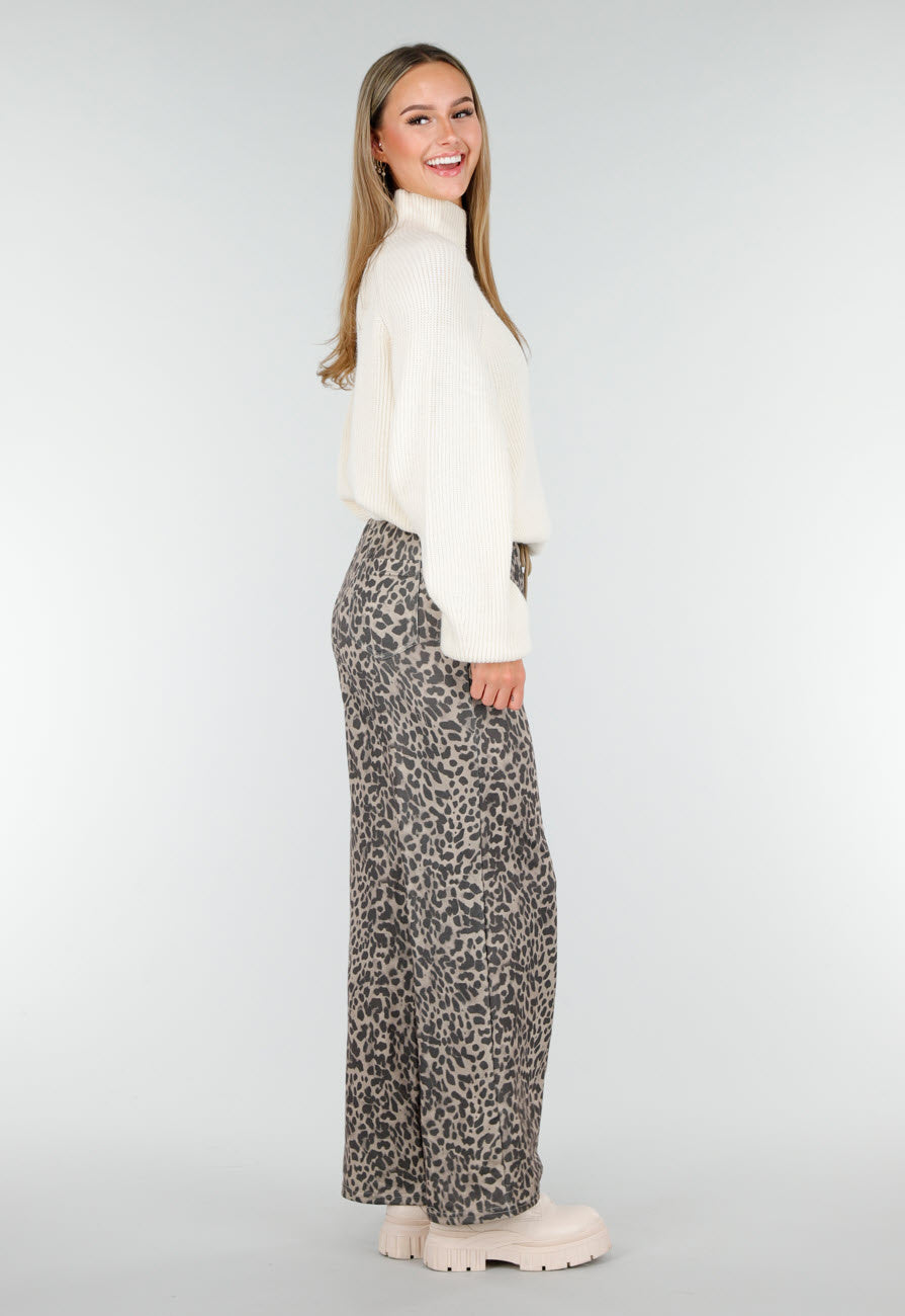 Leopard Print Broek met Rechte Pijp en Elastische Taille
