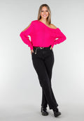 Fuchsia Gebreide Trui met Cut Out en Off Shoulder