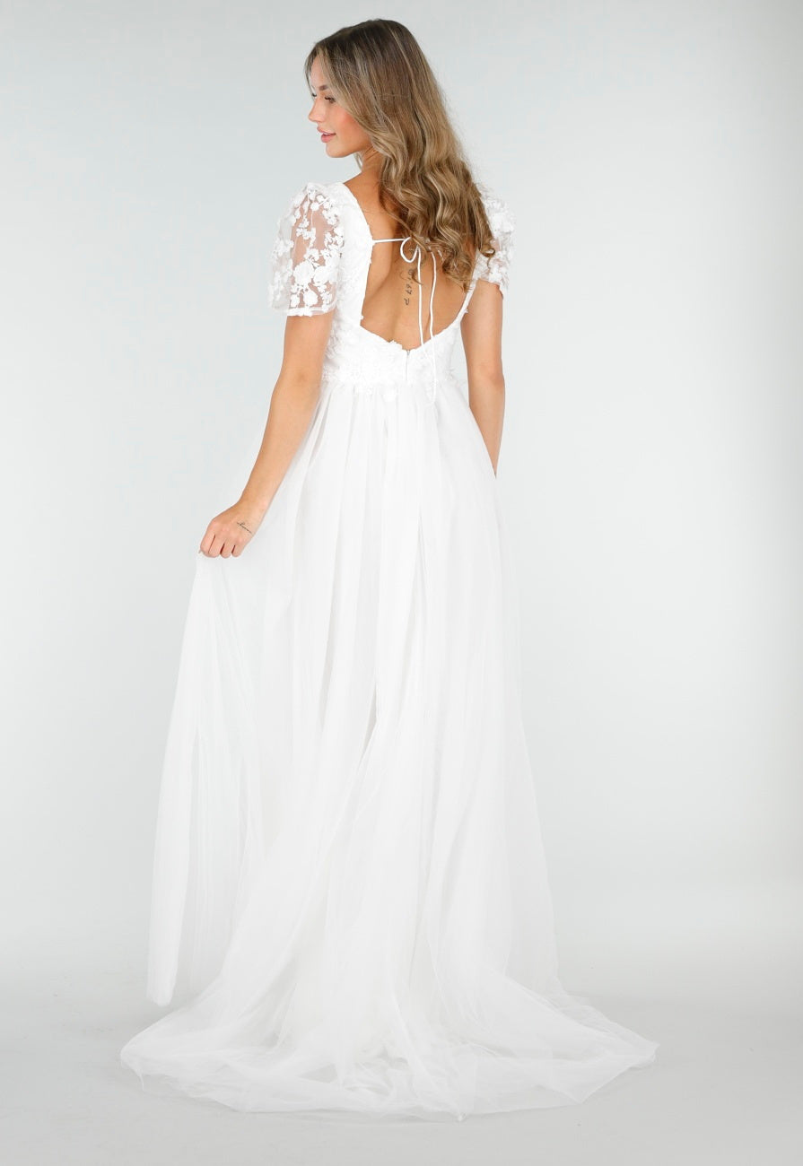 Witte Trouwjurk met Kanten Bloemen en Tule Rok