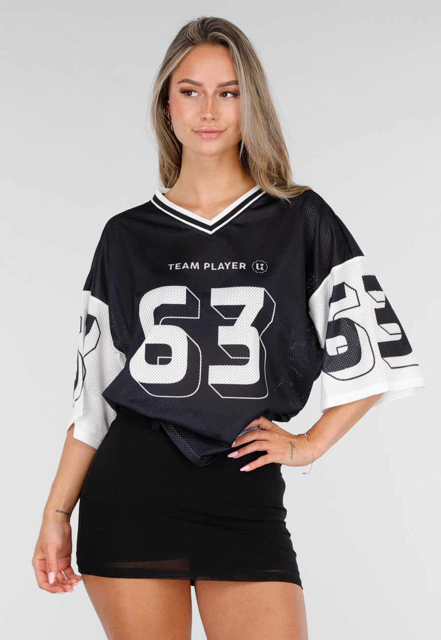 Zwarte Mesh Oversized Stretch Jersey T-Shirt met V-Hals