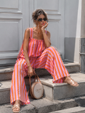 Roze Oranje Gestreepte Tweedelige Set met Wide Leg Broek