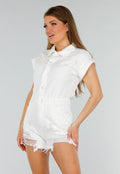 Witte Stretch Denim Playsuit met Korte Mouwen en Steekzakken