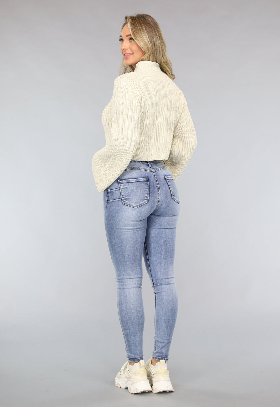Beige Korte Gebreide Trui met Wijduitlopende Mouwen