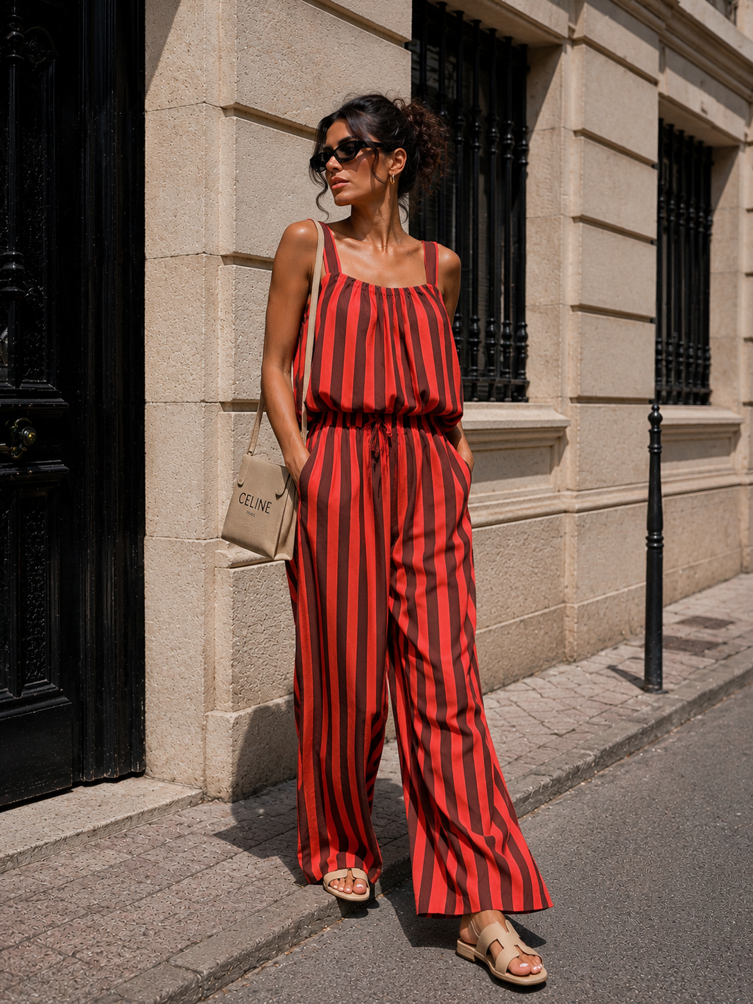 Rood Bruine Gestreepte Two Piece Set met Mouwloze Top en Wide Leg Broek