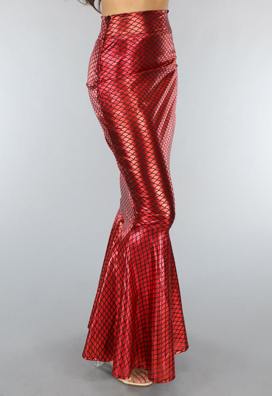 Metallic Zeemeermin Rok in Rood met Schubbenpatroon