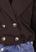 Donkerbruin Cropped Jasje met Pofmouwen en Gouden Knopen