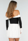 Zwart Beige Off Shoulder Jurk met Strikdetail