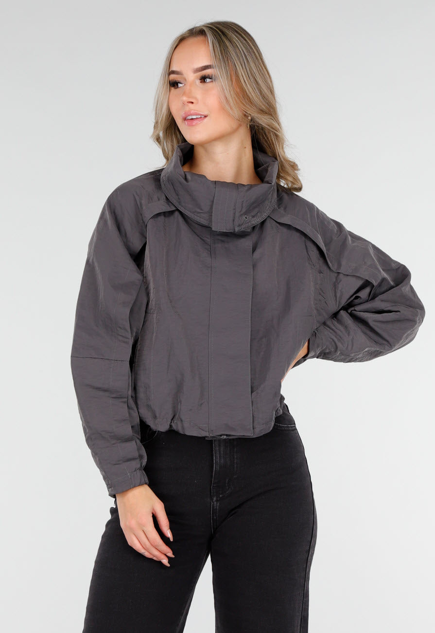 Taupekleurig Cropped Jack met Brede Overslagsluiting
