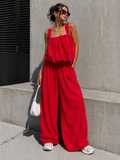Rode Stretch Two Piece Set met Mouwloze Top en Wide Leg Broek