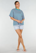 Roze Turquoise Gestreept T-shirt met Korte Mouwen en Ronde Hals