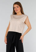 Beige Mouwloze Stretch Top met Schoudervulling en Ronde Hals