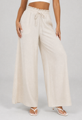 Beige Wide Leg Broek met Smock Taille en Strikkoord