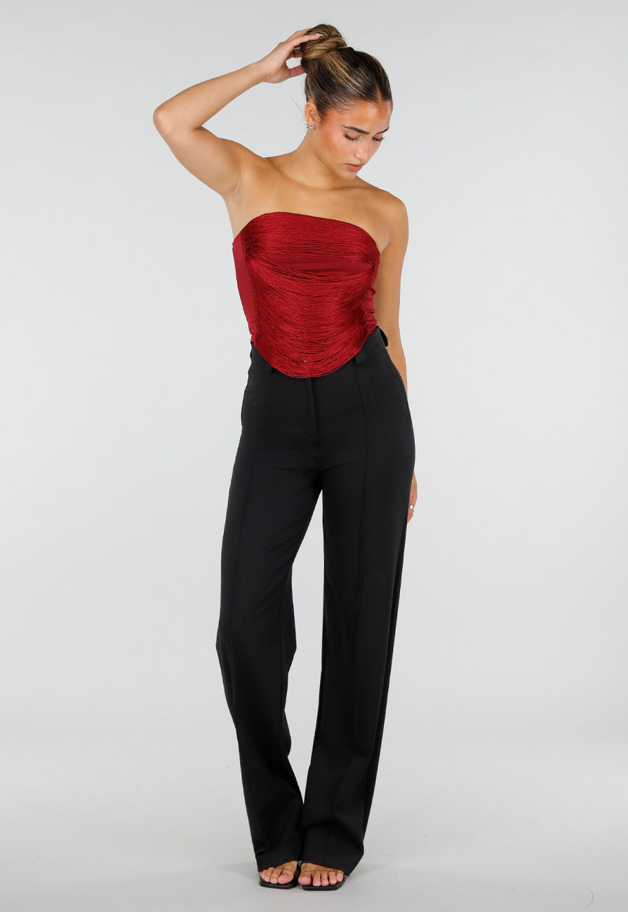 Bordeauxrode Strapless Fringe Top met Stretch