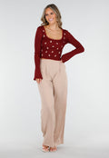 Bordeaux Stretch Rib Top met Teddybeertjes en Vierkante Halslijn