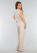Beige Mouwloze Stretch Top met Schoudervulling en Ronde Hals