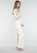 Beige Doorschijnende Blouse met Bloemenborduursel en Lange Mouwen