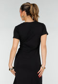 Zwarte Stretch Midi Jurk met Gouden Taille Detail