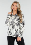 Witte Blouse met Zwarte Bloemenprint en Lange Mouwen