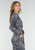Beige-Blauwe Stretch Jumpsuit met All-Over Print en Strikceintuur