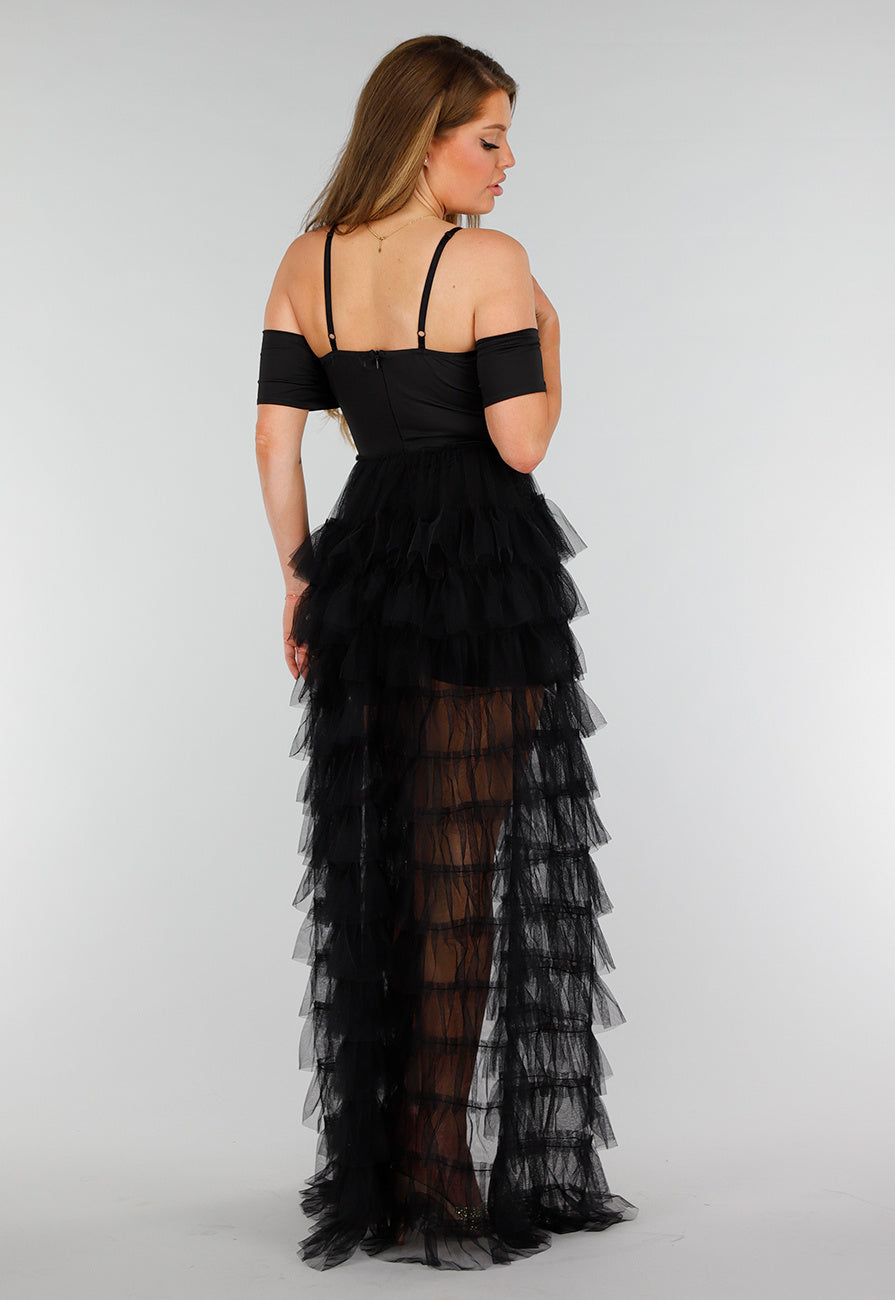 Zwarte Stretch Playsuit met Zwarte Strass Steentjes en Tule Rok