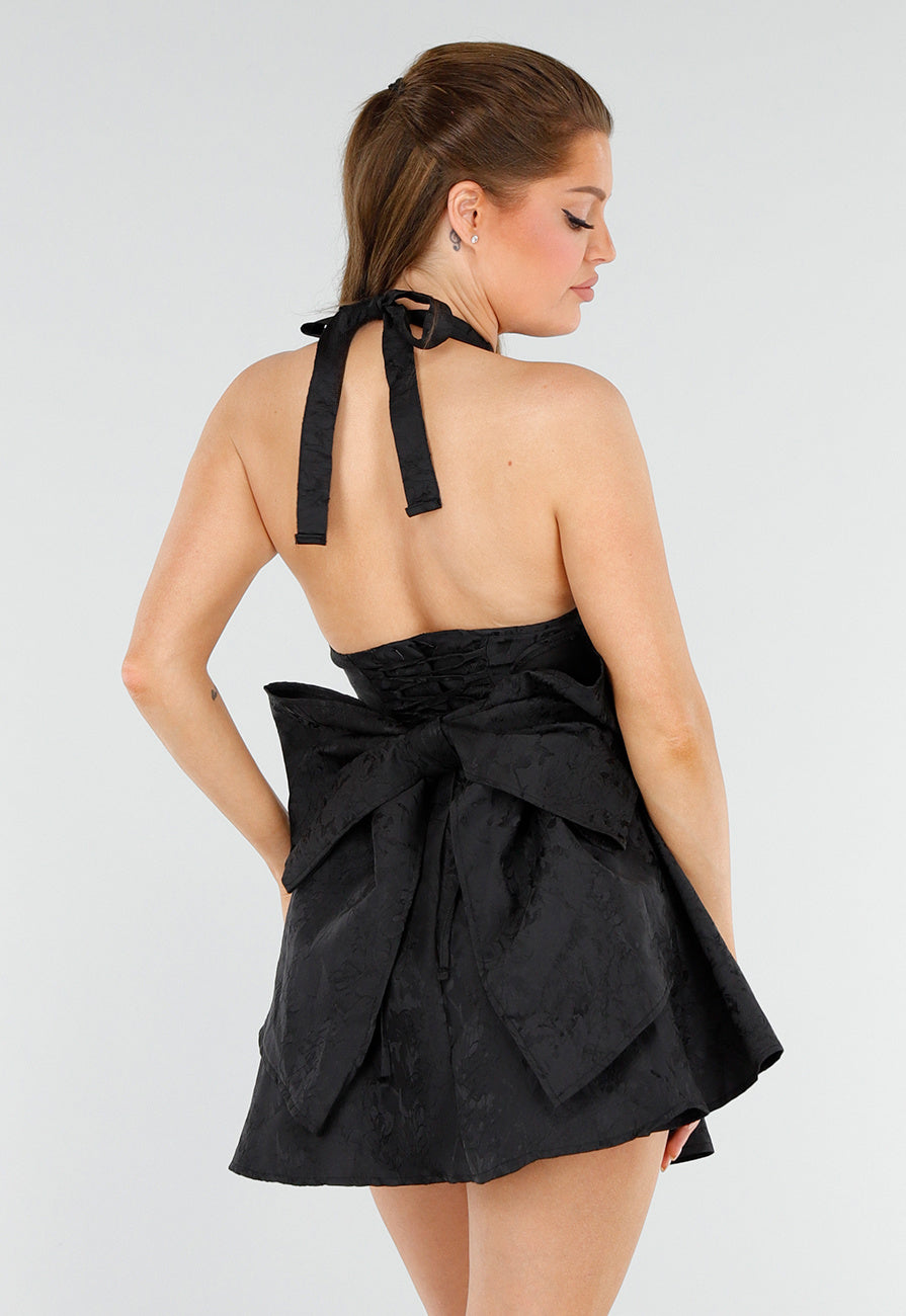 Zwarte Jacquard Halterjurk met Open Rug en Grote Strik