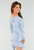 Lichtblauwe Off-Shoulder Jurk met Ruches en Stretchstof